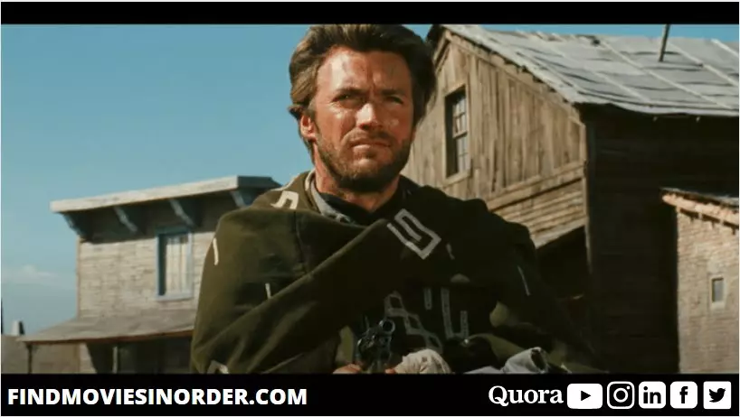 A still from A Fistful of Dollars (1964). it is the first movie on the list of all Dollars movies in order of release