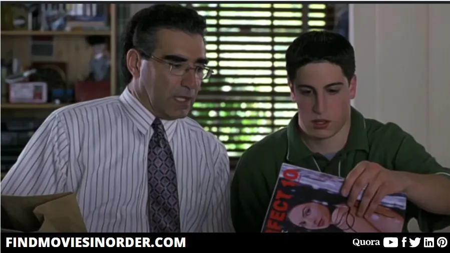 a still from American Pie (1999) film. it is the first film in the list of American Pie movies in order of release