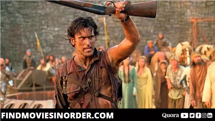 Edited Still from Army of Darkness. it is the first movie on the list of all the evil dead movies in order of release