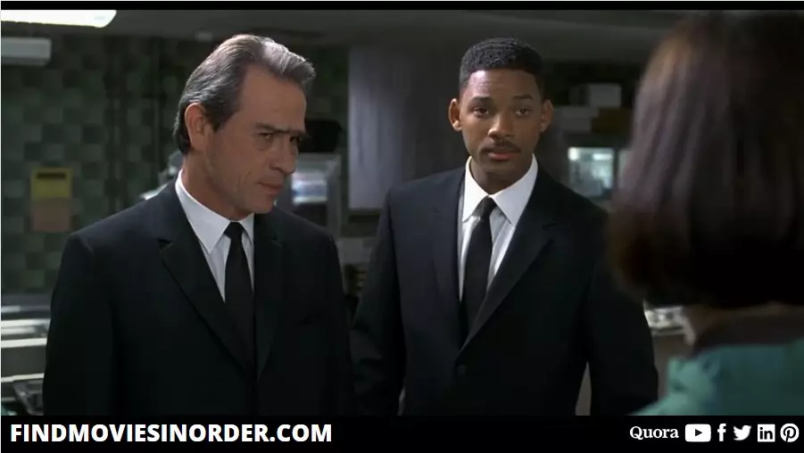 A still from Men in Black (1997). it is the first movie on the list of all Men in Black movies in order of release