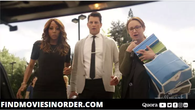 A still from Morning Show Mysteries: Murder on the Menu (2018). it is the second movie on the list of all Morning Show Mystery movies in order of release