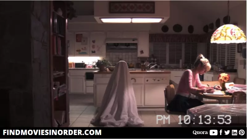 A still from Paranormal Activity 3 (2011). it is the first movie in the list of all Paranormal Activity movies in order of timeline
