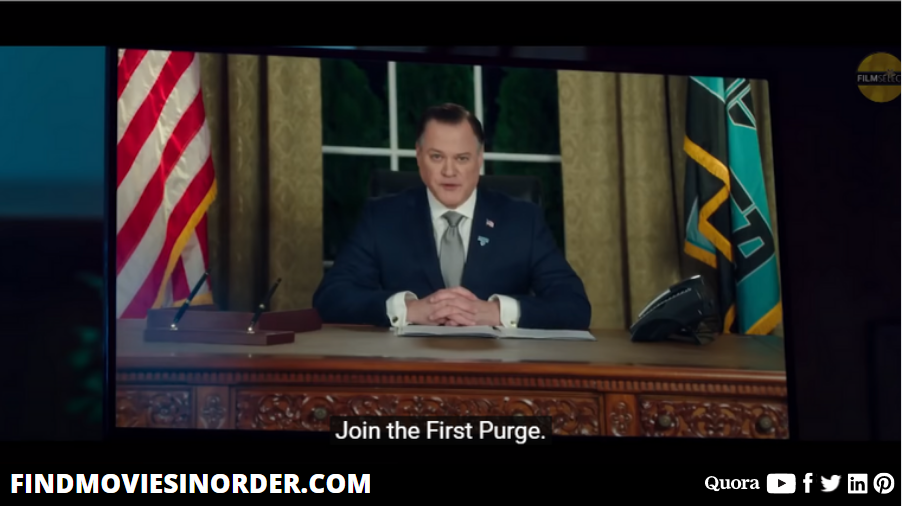 a still from The First Purge (2018) film. it is the fourth film in the list of all purge movies in order of release
