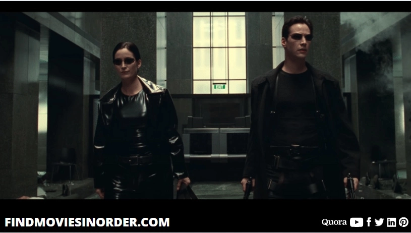 A still from The Matrix. It is the first movie on the list of all Matrix movies in order of release