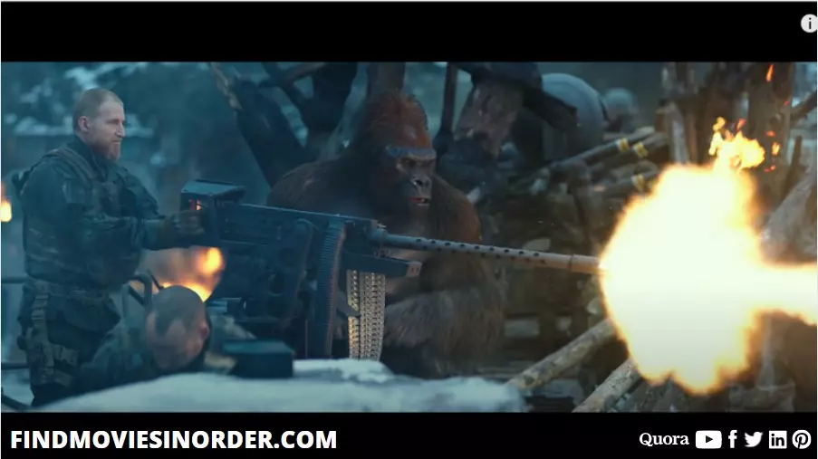 A still from War for the Planet of the Apes (2017). it is the third movie on the list of all Planet of the Apes movies in chronological order